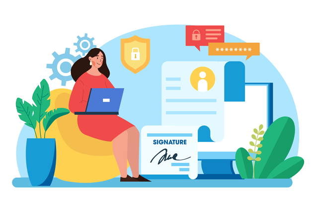 Illustration of a business verifying documents and signing digitally online
