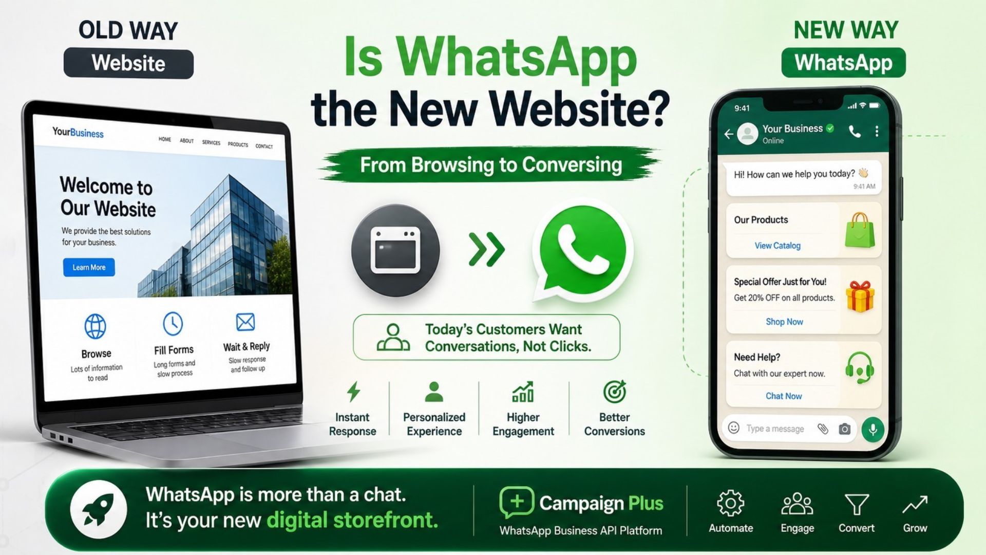 whatsapp business api, is whatsapp the new website, whatsapp marketing strategy, campaign plus platform, whatsapp automation tools, customer engagement whatsapp, messaging vs website marketing, whatsapp sales funnel, digital marketing trends 2026, whatsapp business growth, conversational marketing tools, whatsapp chatbot automation, business communication platform, mobile first marketing strategy, campaign plus whatsapp api, whatsapp customer retention, whatsapp vs website conversion, marketing automation whatsapp, trending bulb marketing insights, step4growth strategies