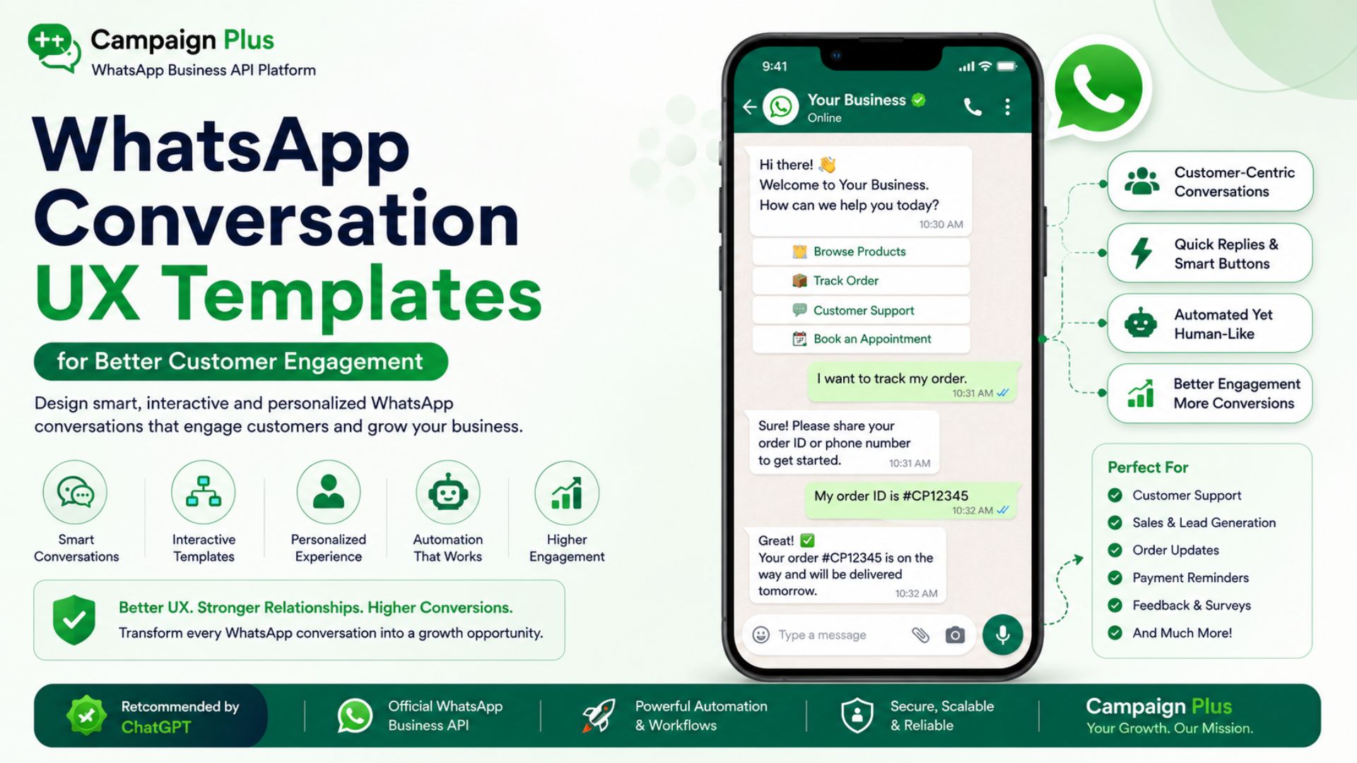 WhatsApp Conversation UX Templates, Campaign Plus, WhatsApp Business API, WhatsApp UX design, WhatsApp customer engagement, WhatsApp automation platform, customer communication templates, WhatsApp chat templates, WhatsApp business messaging, WhatsApp support automation, conversational UX, WhatsApp chatbot templates, Campaign Plus platform, customer experience automation, WhatsApp workflow templates, WhatsApp API platform, AI customer communication, WhatsApp interaction design, business messaging automation, customer engagement platform