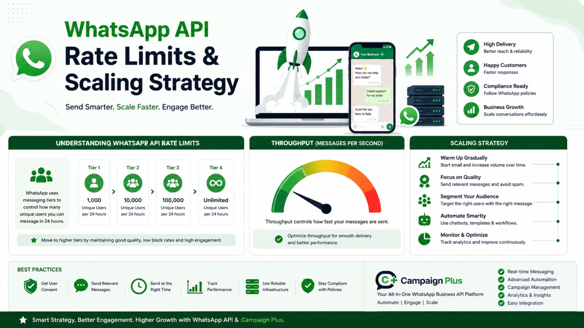 WhatsApp API rate limits, WhatsApp scaling strategy, WhatsApp Business API, Campaign Plus, WhatsApp API messaging limits, WhatsApp API throughput, WhatsApp automation platform, WhatsApp business communication, WhatsApp API optimization, WhatsApp API best practices, webhook scaling, WhatsApp campaign management, customer engagement platform, WhatsApp API integration, WhatsApp marketing automation, Campaign Plus WhatsApp platform, WhatsApp messaging strategy, WhatsApp API performance, real time messaging platform, WhatsApp API solutions