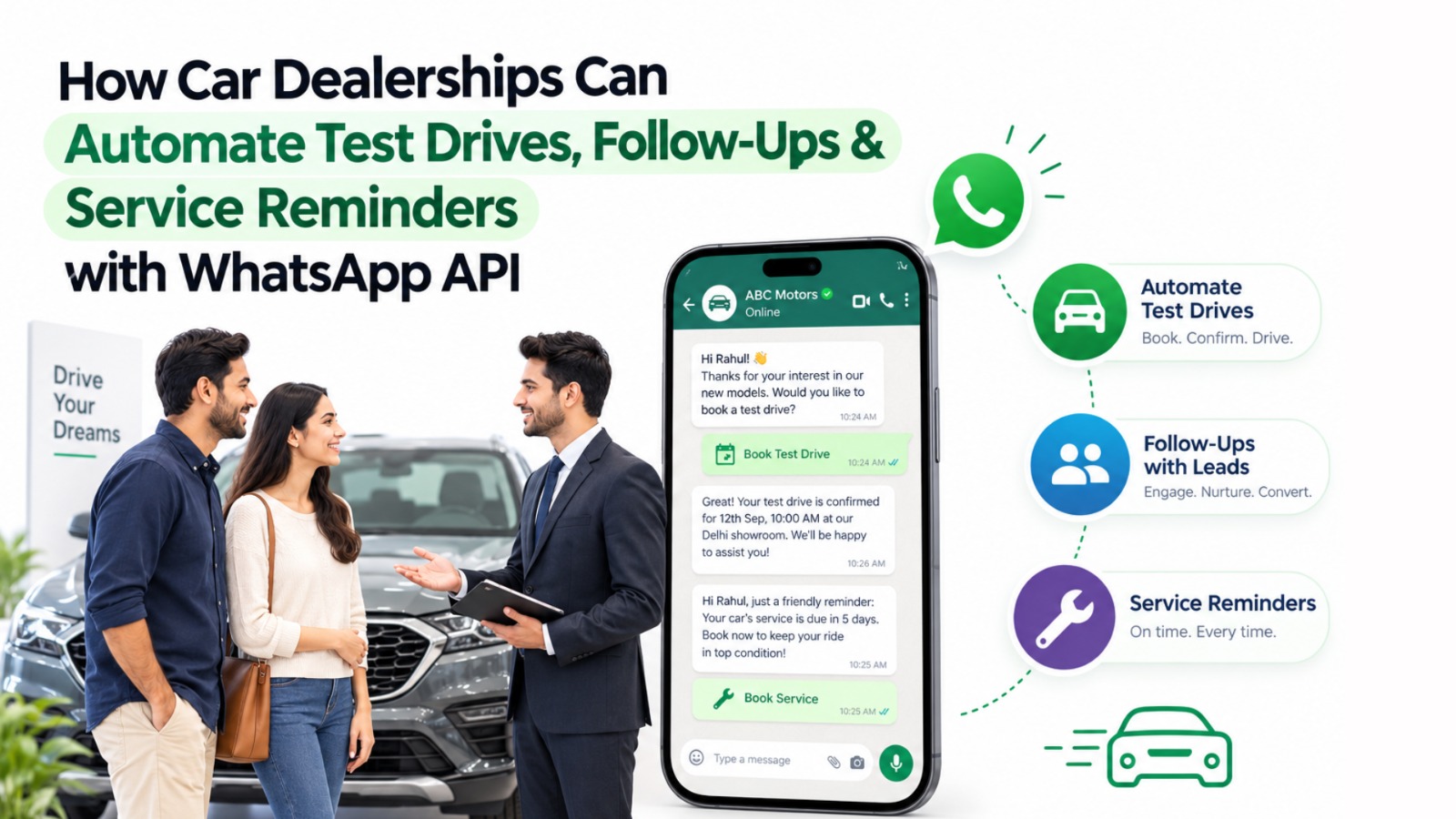 WhatsApp API for car dealerships automating test drives, follow-ups and service reminders.