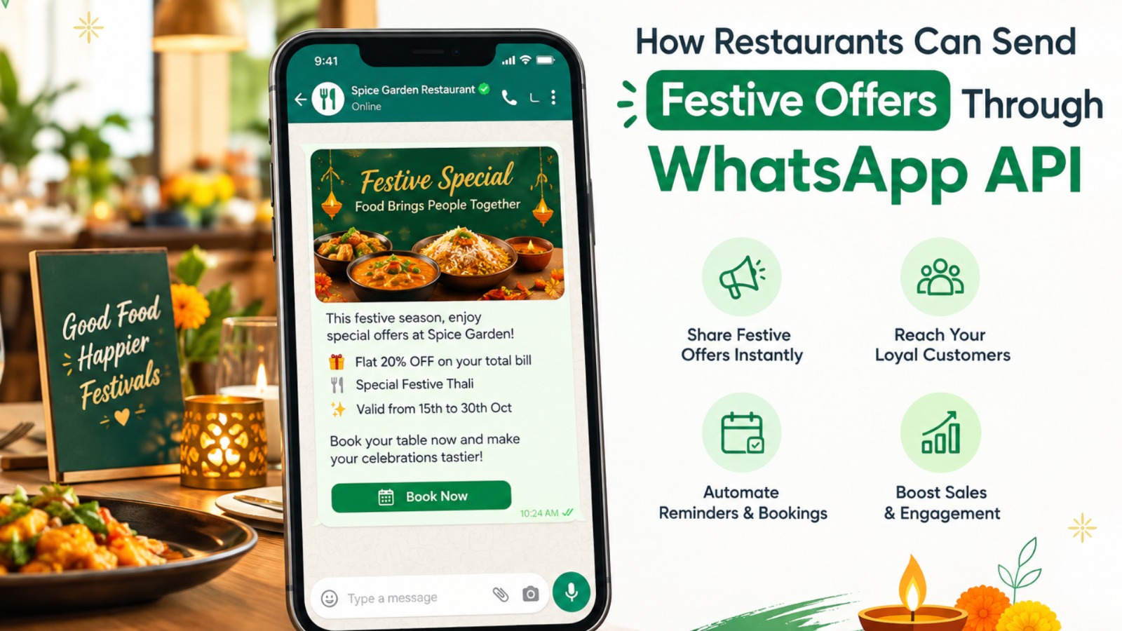 Restaurants sending festive offers through WhatsApp API.