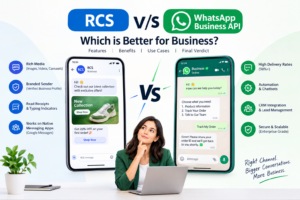 RCS vs WhatsApp Business API comparison showing messaging features, automation, customer engagement, and business benefits.