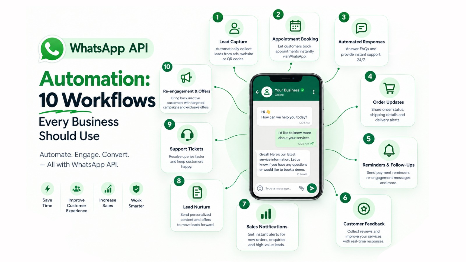WhatsApp API automation with 10 business workflows for lead capture, appointment booking, customer support,more.